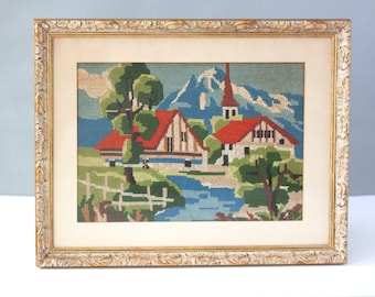 Vintage Framed Needlepoint Village Scene Church and Mountains Folk Art Style