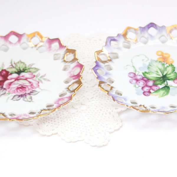 Vintage Reticulated Plates 7” Lefton China Hand Painted Roses and Grapes