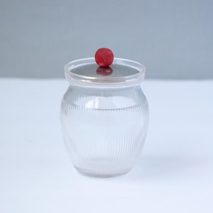 May include: A clear glass jar with a lid and a small red ball on top. The jar has vertical ribbed detailing and a rounded shape. The background is a light gray and white.