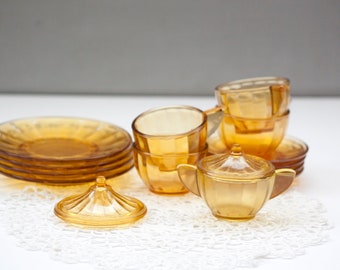 AKRO Agate Children's Amber Depression Glass Tea Set, Set of 4 Teacups, saucers and Mini Plates with sugar Bowl