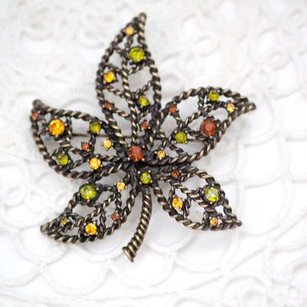 Nina Ricci Brooch Leaf Pin with Rhinestones for Avon, Vintage Leaf Brooch Costume Jewelry With Twisted Wire