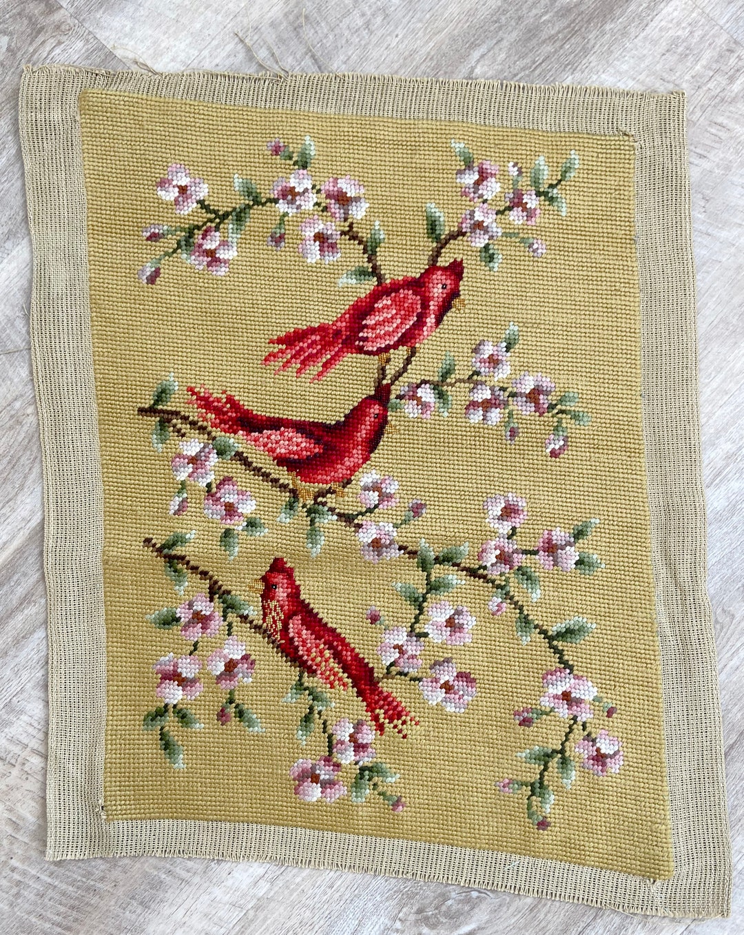 Vintage Preworked Needlepoint Birds Embroidery Canvas Unframed Etsy