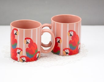 Vintage Set of 2 Otagiri "Parrot Tree" Mugs - Parrot and Pink Stripe Coffee Cup T. Taylor