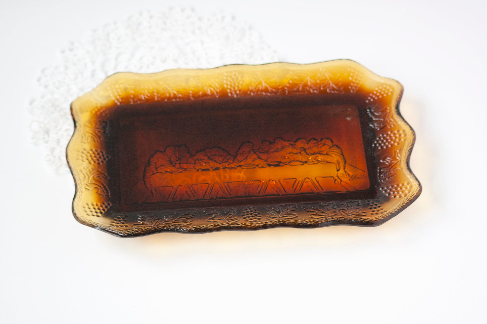 Vintage Indiana Tiara Last Supper Amber Bread Tray Glass Plate