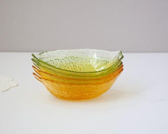 Lemon and Lime Shaped Glass Bowls, Set of 4, Green and Yellow Art Glass