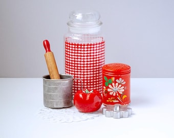 Curated Vintage Farmhouse Kitchen Decor Set – Red Gingham Jar Cottage Kitchen Shelf Styling