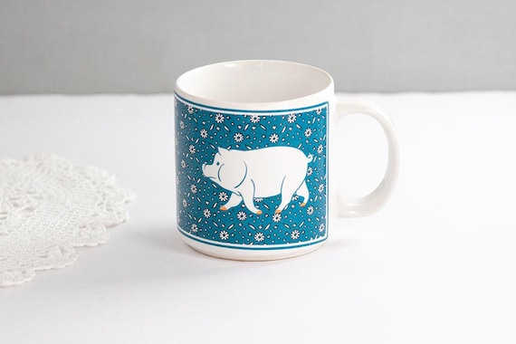 JSNY Pig Mug, Vintage 1980s Blue Calico Coffee Cup, Farm Animal