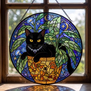Black Cat in Pot Stained Glass Suncatcher, Gothic Pothos Window Hanging, Botanical Cat Mom Gift