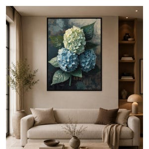 Stampa artistica da parete con ortensia blu - Decorazione floreale botanica