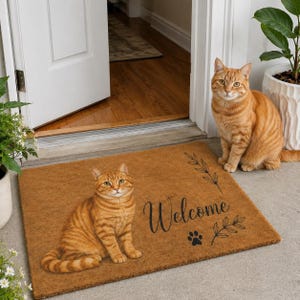 Puede incluir: Un felpudo rectangular de fibra de coco color canela con la imagen impresa de un gato atigrado naranja sentado a la izquierda. La palabra Welcome está escrita en cursiva negra, acompañada de dos ramas con hojas y un icono de huella.