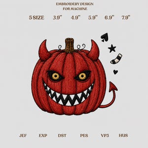 May include: Machine embroidery design of a red devil pumpkin with horns, a pointed tail, and a wide grin with sharp teeth. The design includes small icons of a spade, star, and striped sock. Text reads: EMBROIDERY DESIGN FOR MACHINE 5 SIZE 3.9" 4.9" 5.9" 6.9" 7.9" JEF EXP DST PES VP3 HUS.