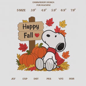 May include: Machine embroidery design featuring a white cartoon dog wearing a red scarf, sitting beside two orange pumpkins and a wooden sign that reads Happy Fall with a red heart. Includes 5 sizes from 3.9 to 7.9 inches and file formats JEF, EXP, DST, PES, VP3, HUS.