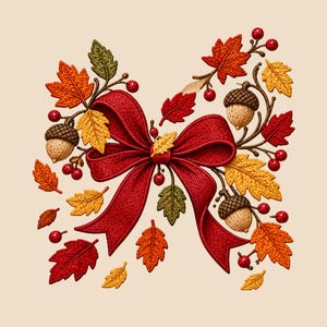 May include: An embroidered design featuring a large, deep red fabric bow centered among autumn elements. The composition includes orange, yellow, and green maple leaves, brown acorns with textured caps, and small red berries on thin stems.