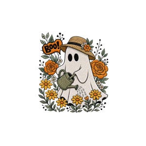 May include: An embroidered design featuring a white ghost wearing a straw hat, holding a green watering can, and surrounded by orange and yellow flowers with green leaves. The text "BOO!" appears in an orange speech bubble above the ghost.