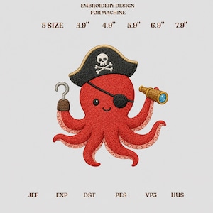 Pirate Octopus Embroidery design machine pattern cute sea ocean eye patch hat instant digital download file dst pes jef vp3 exp xxx