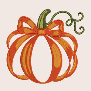 Broderidesign för höstband med pumpa, maskinbroderimönster med orange spiralband och rosett, Thanksgiving-fil PES DST EXP