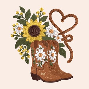 Stickmuster „Western Cowboy Boots Heart Lasso“, Stickmuster „Sunflower Floral Rope“, Country Digital Instant Download