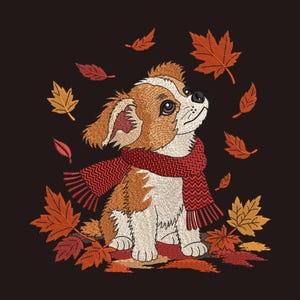 Puede incluir: Un diseño bordado sobre fondo oscuro que muestra un cachorro marrón y blanco con una bufanda roja y granate de patrón en zigzag, rodeado de hojas de arce otoñales naranjas, rojas y amarillas que caen, con el cachorro mirando hacia arriba.