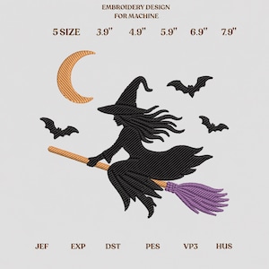 Puede incluir: Diseño de bordado a máquina con la silueta negra de una bruja con sombrero puntiagudo volando en una escoba con cerdas moradas. Incluye una luna creciente naranja, tres murciélagos negros y texto indicando 5 tamaños de 9,9 cm a 20,1 cm y formatos JEF, EXP, DST, PES, VP3, HUS.