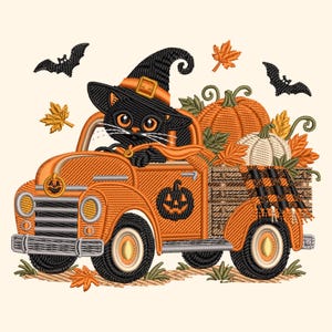 Halloween-Stickmuster mit schwarzer Katze und LKW, Kürbis-Herbst-Vintage-LKW-Stickdatei (PES, DST, JEF) – Sofort-Download