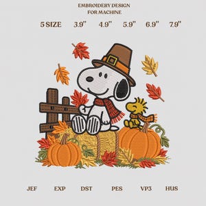 May include: Machine embroidery design featuring a white dog wearing a brown pilgrim hat and red scarf, sitting on a hay bale with a yellow bird, pumpkins, and autumn leaves. Text reads: EMBROIDERY DESIGN FOR MACHINE, 5 SIZE, 3.9", 4.9", 5.9", 6.9", 7.9".