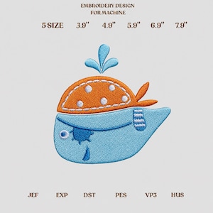 May include: An embroidery design for machine featuring a light blue whale wearing an orange bandana with white polka dots. The whale has a water spout on top and a dark blue eye patch. Text includes EMBROIDERY DESIGN FOR MACHINE, 5 SIZE, 3.9", 4.9", 5.9", 6.9", 7.9", JEF, EXP, DST, PES, VP3, HUS.
