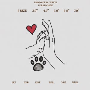 Pet Paw and Human Hand High Five Embroidery Design, Dog Cat Paw Print with Red Heart Art, Patch, Gift