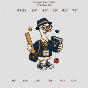 Teacher Goose Embroidery Design, Back to School Machine Embroidery File, Cute Duck Digital Download, Classroom Lessons School Teacher