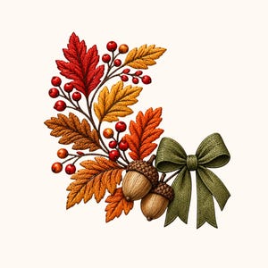 May include: A decorative arrangement featuring autumn-coloured leaves in shades of red, orange, and yellow, interspersed with small red berries on thin stems. Two brown acorns with textured caps are positioned next to a textured olive green fabric bow.