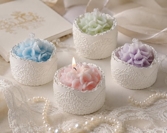 Handgefertigte Blume Duftkerze, Hochzeit Gunsten Geschenk, Pastell Blumen Kerze in Weißer Spitze Halter, Brautparty Dekor