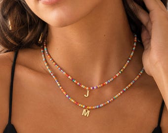 Colorful Beaded Initial Necklace Personalized Gold Letter Charm Necklace Summer Layering Jewelry Birthday Gift