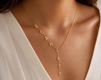 Custom Drop Name Necklace, Asymmetric Lariat Name Necklace, Personalized Y Necklace for Her, Dainty Bridesmaid Gift