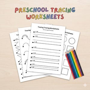 Könnte beinhalten: Vorschul-Tracing-Arbeitsblätter mit verschiedenen Linien- und Formübungen. Die Arbeitsblätter werden von einem Satz farbiger Bleistifte begleitet. Der Text "PRESCHOOL TRACING WORKSHEETS" wird oben im Bild angezeigt.