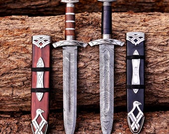 Handmade Damascus Steel Viking Short Sword, Norse Seax Knife with Wooden Scabbard