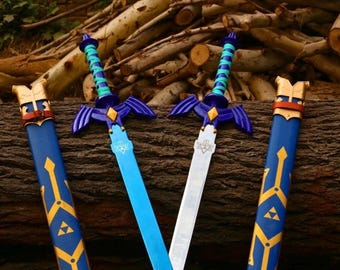 May include: Two fantasy swords with blue and silver blades, and blue, purple, and gold handles and hilts. The swords are resting on a large log, with a background of stacked logs.