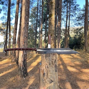 Könnte beinhalten: Eine lange, horizontale Metallklinge mit dunklem, poliertem Finish und einem geschwungenen, dunkelbraunen Holzgriff, der mit silberfarbenen Nieten befestigt ist. Die Klinge hat eine scharfe Schneide und eine Spitze, liegend auf einem Baumstumpf.