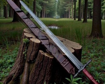 May include: A long steel sword with a metallic blade, a black crossguard featuring white detailing, and a dark red handle. The sword is accompanied by a brown leather scabbard with a silver tip, featuring the text ECOM embossed on the side.