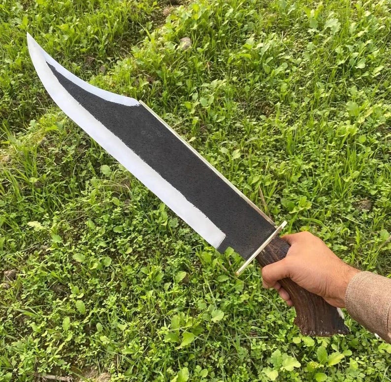 Handmade Carbon Steel Bowie Knife: Stag Horn Handle Fixed Blade Knife with Leather Sheath