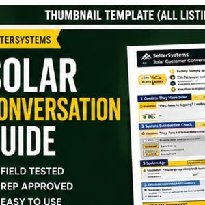 May include: A digital document titled Solar Conversation Guide by SetterSystems, featuring a dark green background with bold yellow and white text. The guide includes sections for customer interaction, system checks, and age, with checkmark icons.