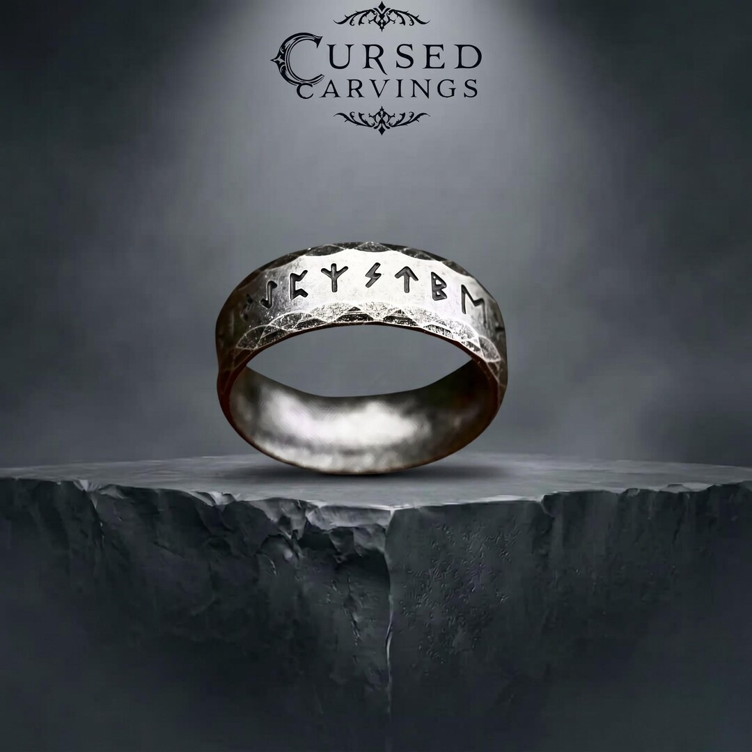 Viking Rune Ring, Hammered Stainless Steel Band, Norse Futhark ...