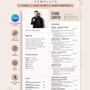 May include: A professional actor resume template featuring a beige layout with a headshot of a man in a black leather jacket. The document includes sections for experience, physical details, skills, and education, with text in English.