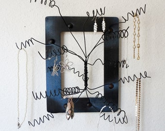 Wall Mounted Jewelry Organizer, Wooden Frame, Jewelry Tree Display Wire Wall Mount, Earring, Rings,Bracelets, Organizer, Display