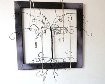 Wall Mounted Jewelry Organizer, Wooden Frame, Jewelry Tree Display Wire Wall Mount  , Earring, Rings,Bracelets, Organizer, Display