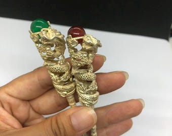 Exquisitas horquillas para mujer de plata tibetana vintage con incrustaciones de jade y diseño de dragón (un par), regalo, accesorio para el cabello