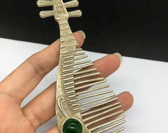 Exquisite vintage Tibetan silver inlaid jade pipa pattern women comb,gift