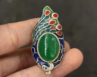 Exquisite vintage Tibetan silver inlaid cloisonné peacock pattern women ring,gift