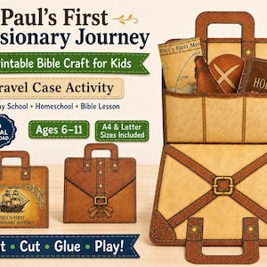 Puede incluir: Un kit de manualidades en papel imprimible titulado Paul's First Missionary Journey con una actividad de maleta de viaje marrón. El set incluye una maleta pequeña con una ilustración de barco, una maleta cerrada y una maleta abierta que contiene un mapa, pan y un libro Holy Bible.