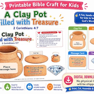 Może przedstawiać: Zestaw do rękodzieła do druku zawierający gliniany garnek, pokrywkę, kartkę z wiadomością i klejnot. Tekst zawiera A Clay Pot Filled with Treasure 2 Corinthians 4:7, Making Instructions, Place message here, Fold Tab oraz We are jars of clay carrying treasure.