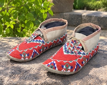 Handmade Suede Beaded Moccasins | Native-Inspired Colorful Beadwork Shoes | Western Style Powwow Regalia Festival Footwear