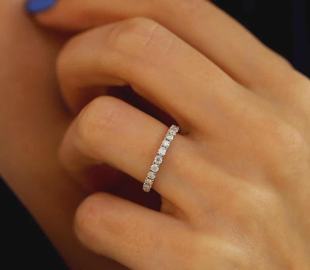 14K Solid Gold 2mm Wedding Ring Half Eternity Lab Grown Diamond Band ...